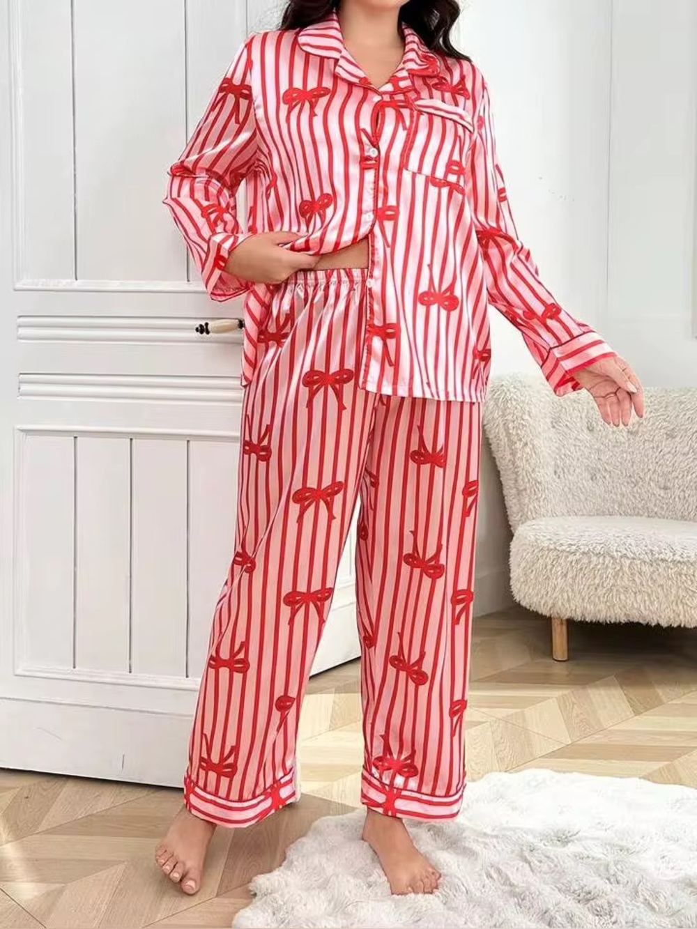 Striped Bow-Print Pajama Set